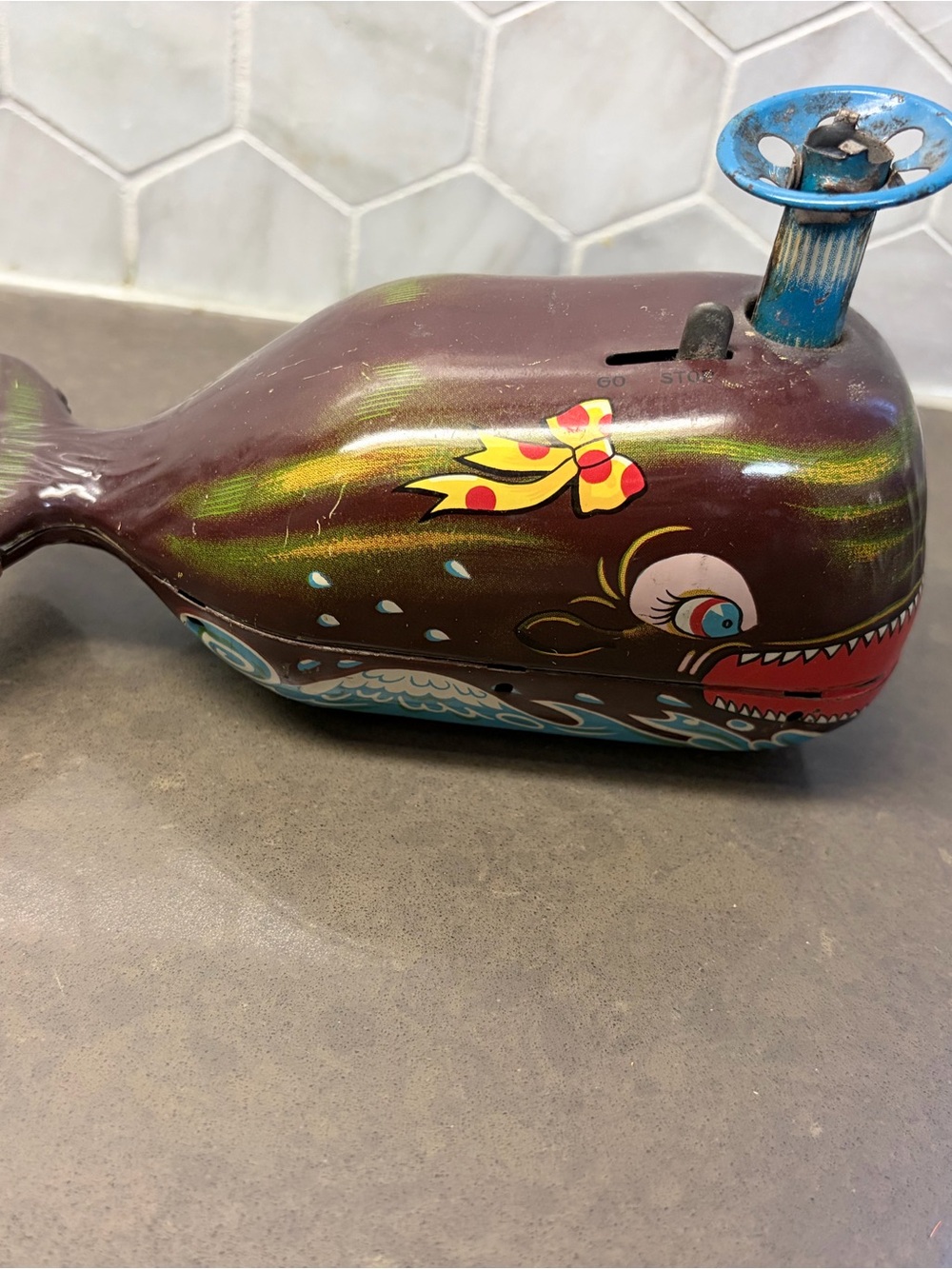 Vintage tin toy Billy the Ball Blowing Whale with key KO Made in Japan